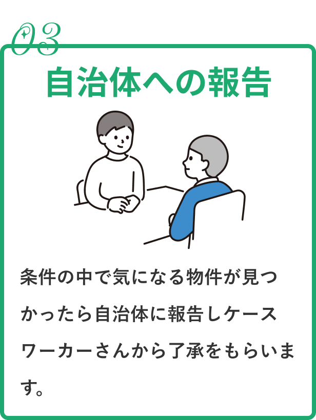 自治体への報告|条件の中で気になる物件が見つかったら自治体に報告しケースワーカーさんから了承をもらいます。